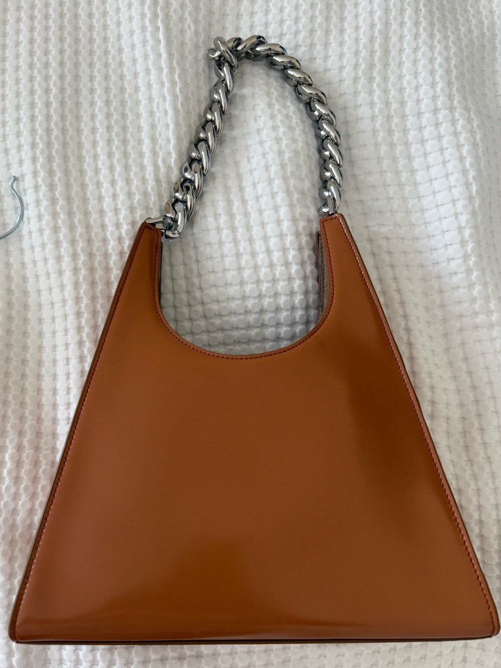STAUD Cognac Leather Shoulder Bag with Silver Chain